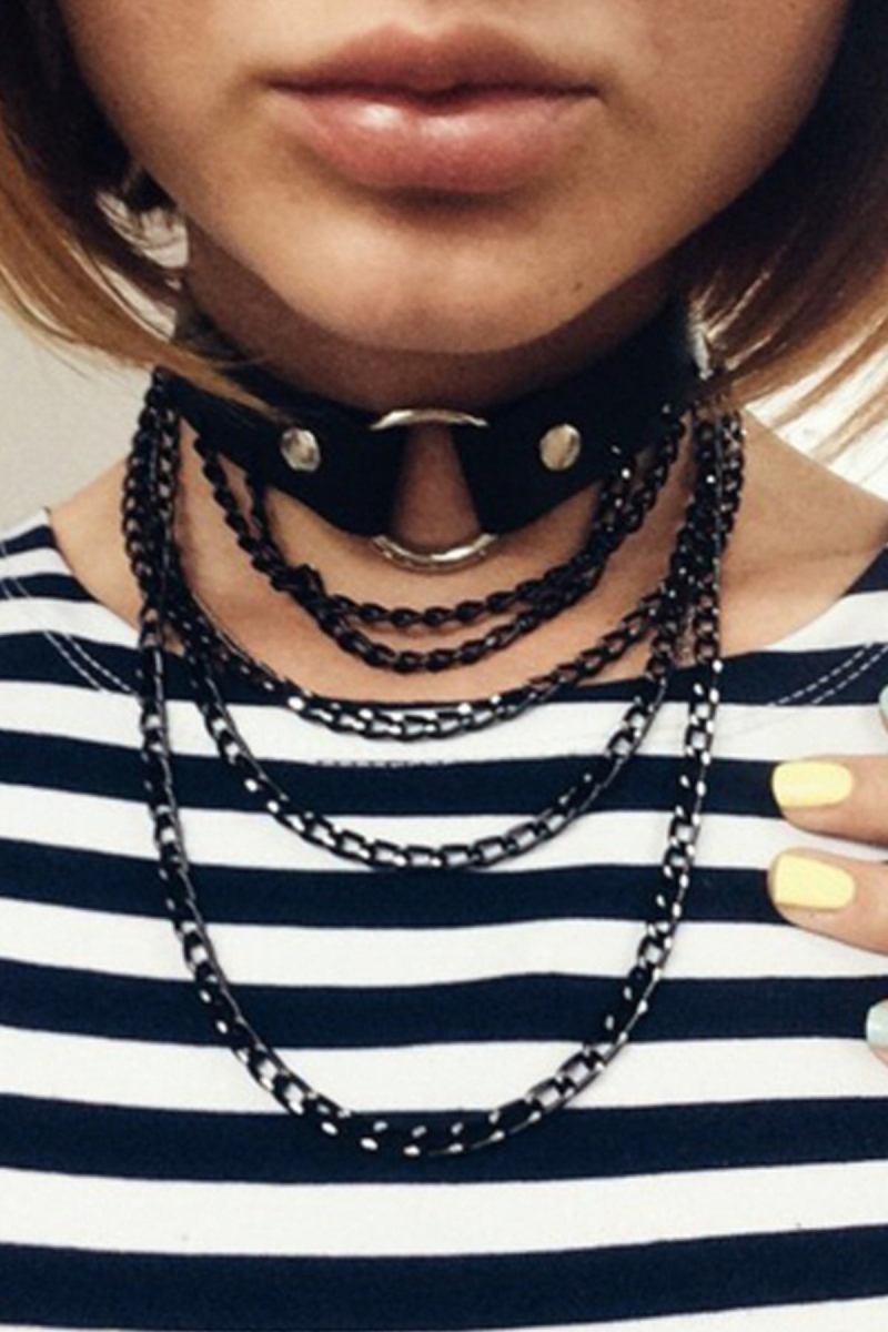 Black Chain Detailed Leather Choker