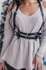 Elegant Leather Waist Corset Belt Over Shoulder Strap Tassel Detailed Dress