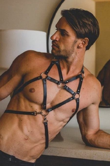 Men's Fancy Leather Harness And Cuff Set