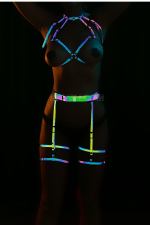 Rainbow Colorful Reflective Sexy Garter Harness Set -  Collared Cupless Bra Waist Leg Bands
