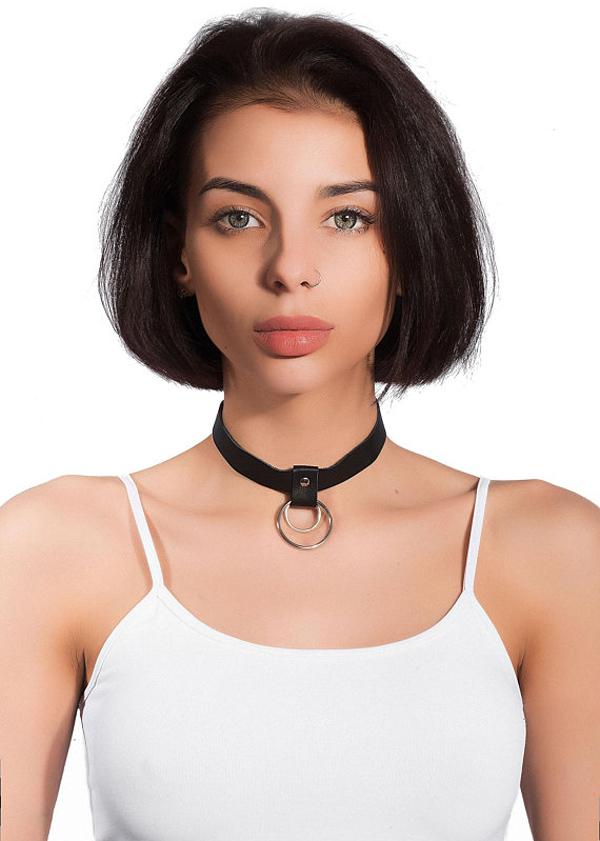 Ring Detail Leather Choker Necklace