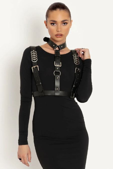 Women's Upper Body Full Chain Leather Harness with Ring Details