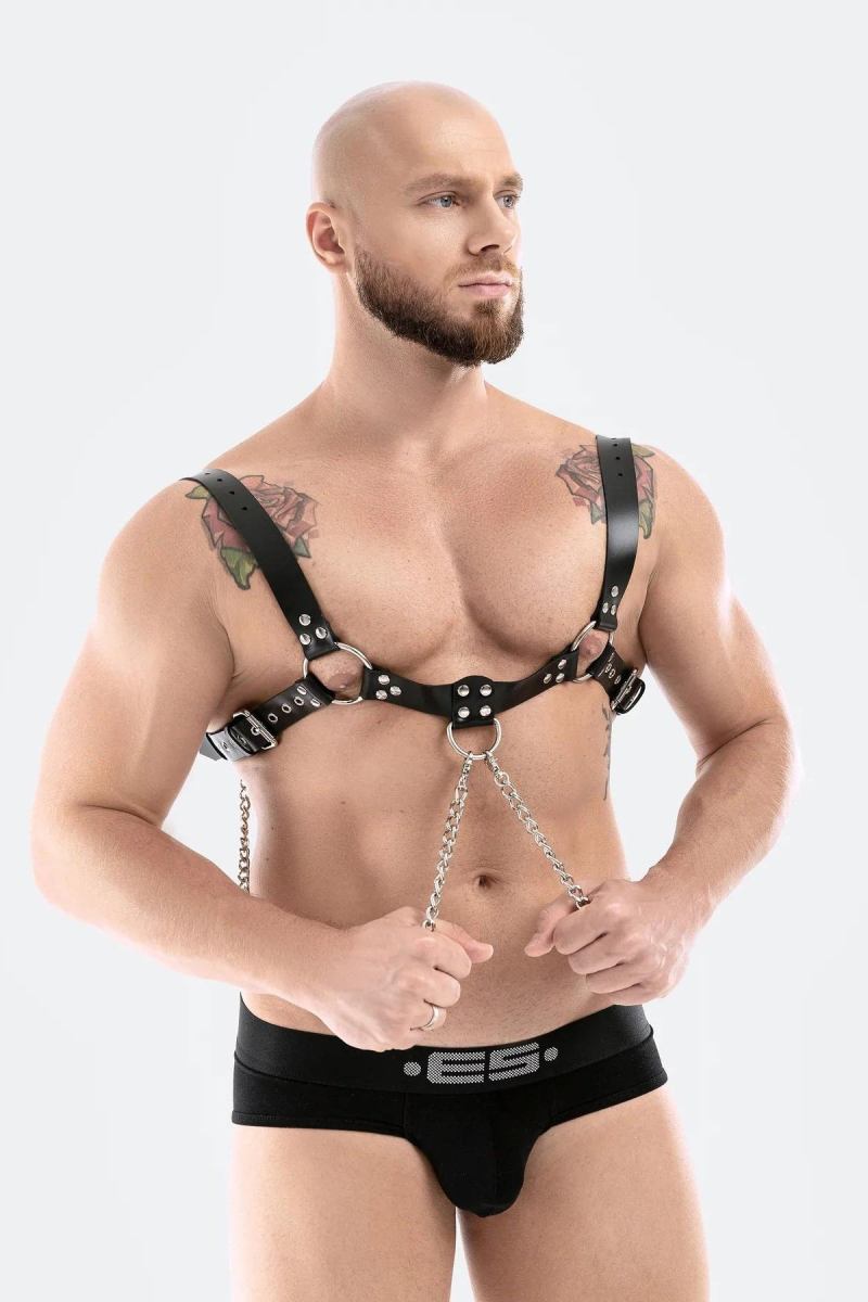 Stylish Men's Leather Bulldog Chest Harness with Chain Detail